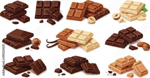Cartoon Chocolate Bar Collection with Dark Milk White Chocolate Pieces Nuts and Sweet Dessert Confectionery for Vector Illustration