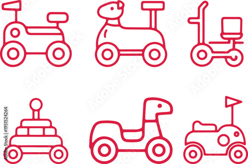 Collection of six distinct children's ride-on toy vehicles in outline form