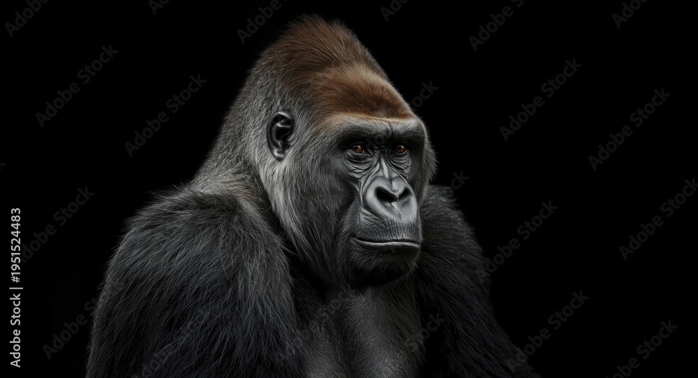 Fototapeta premium Regal male silverback gorilla against solid dark background in full view