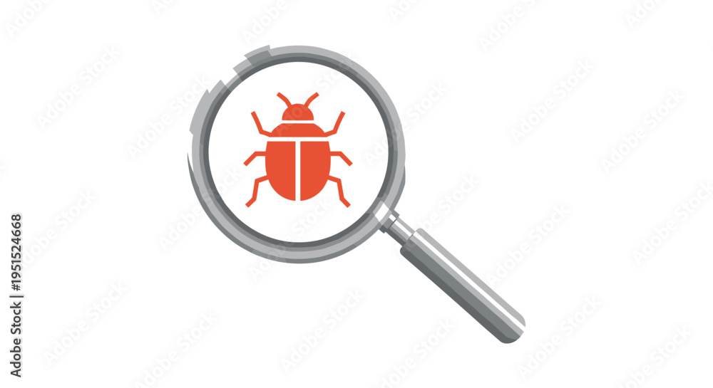Fototapeta premium A silver magnifying glass with a grey handle shows a red insect icon on a white background.