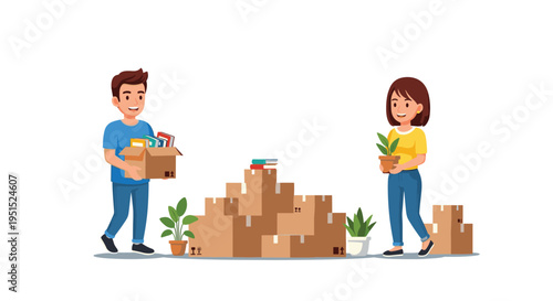A man and woman carry items beside a large pile of cardboard moving boxes and plants.