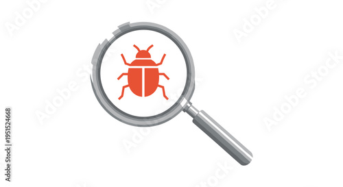 A silver magnifying glass with a grey handle shows a red insect icon on a white background.