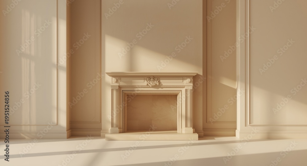 Fototapeta premium 3D mockup of a classic fireplace showcasing a bare mantle and plain wall surfaces