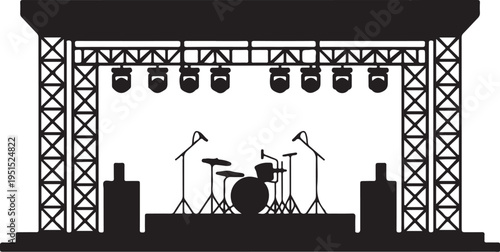 Black stage with drum set and lighting rig drums microphone