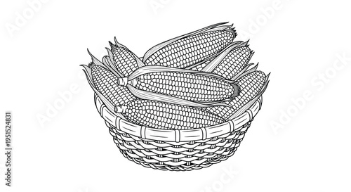 A black and white line drawing shows a woven basket overflowing with multiple ears of corn, some with partially peeled husks, on a white background.