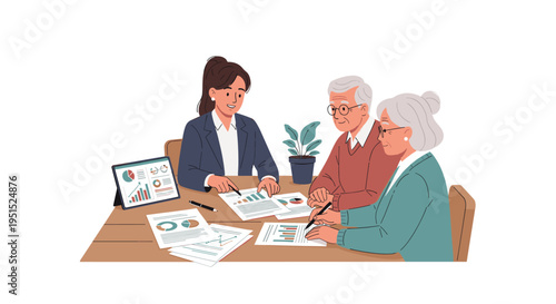 A financial advisor explains charts to an elderly couple reviewing documents at a wooden desk.