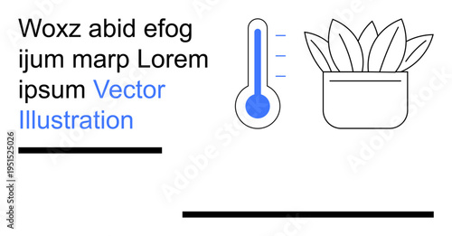 Eco sustainability, indoor gardening, climate change, minimalism, environmental awareness, education. Blue thermometer icon with pot and leaves. Eco sustainability and indoor gardening concept