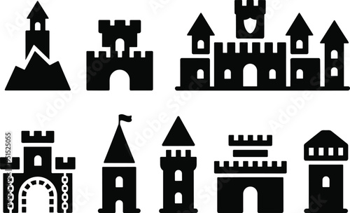 Castle icons set medieval fortress towers gates architecture kingdom defense historic buildings vector silhouette collection isolated design elements pack