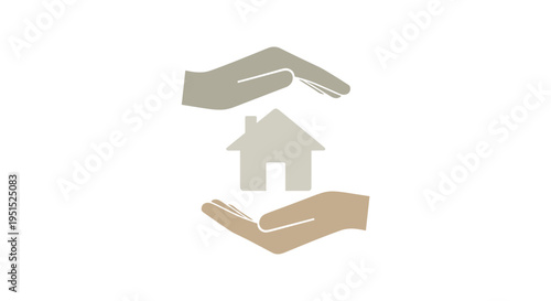 Two stylized hands, one light brown and one light gray, cradle a simple house icon on a white background.