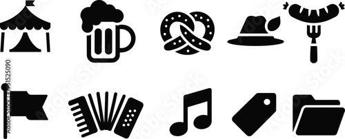Festival entertainment icons set beer pretzel sausage music accordion circus hat flag folder tag vector isolated collection design elements