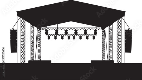 Black stage with roof and lighting equipment concert stage