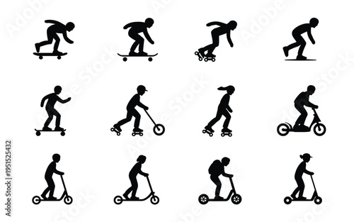 Collection of black silhouettes of people riding skateboards and scooters in various dynamic