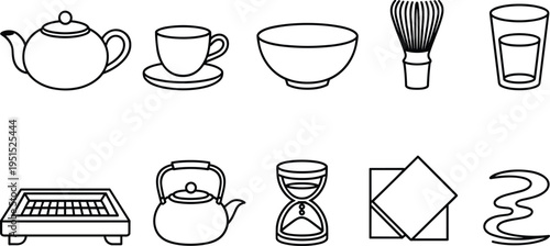 Tea ceremony kitchen icons set, teapot, cup saucer, bowl, matcha whisk, glass, kettle, grill, hourglass, napkin steam