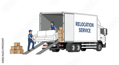 Two movers load a white sofa and cardboard boxes into a relocation service truck.