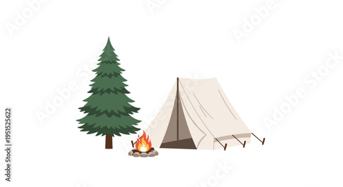 A colored illustration of a campsite with a beige tent, a green pine tree, and a campfire on a white background.