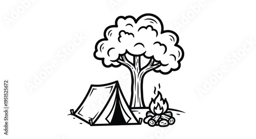 A black and white outline drawing of a campsite with a tent, a tree, and a campfire on a white background.