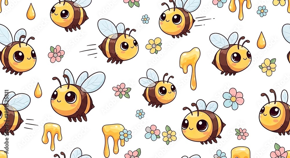 Obraz premium Cute Kawaii Bee Seamless Pattern with Honey Drips and Flowers on Light Background