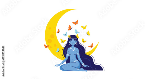 A woman with long dark blue hair sits cross-legged before a yellow crescent moon with colorful butterflies on a white background.