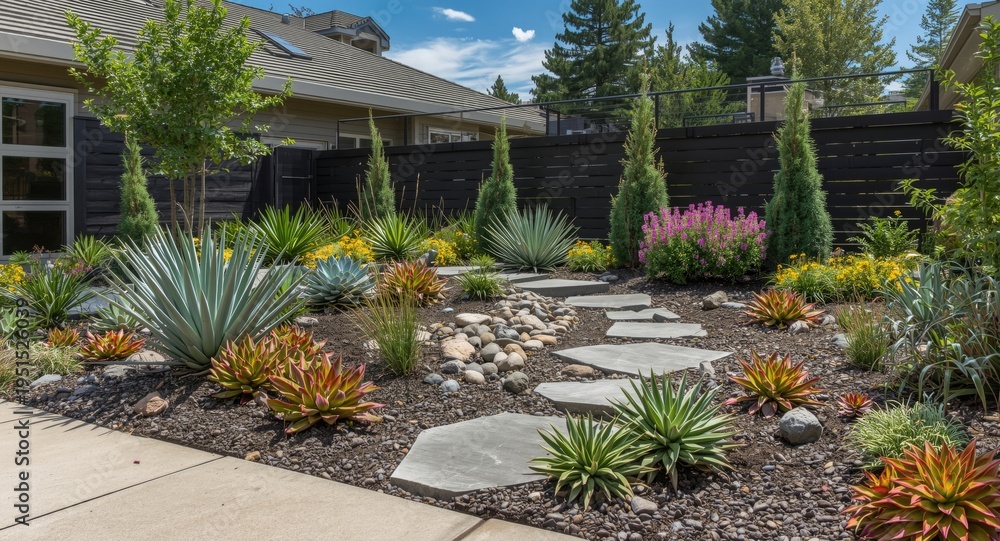 Obraz premium Residential garden landscaping with contemporary design and colorful succulent arrangements