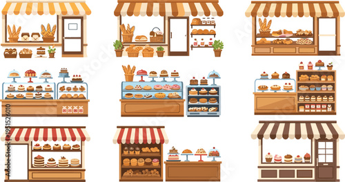 Cartoon Bakery Shop Collection with Pastry Displays Bread Cakes Cupcakes and Dessert Storefronts for Food Market Vector Illustration