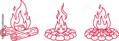 Illustrations of different types of campfires burning with wooden logs and stones.