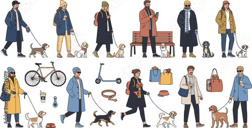 Cartoon People Walking Dogs Collection with Pet Owners Outdoor Lifestyle Scenes Fashion Outfits Accessories and Urban Activities Vector Illustration