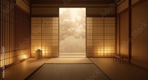 Elegant Japanese interior showcasing gold highlights against a misted backdrop