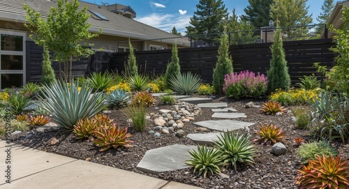 Residential garden landscaping with contemporary design and colorful succulent arrangements