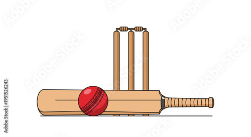 A red cricket ball and a wooden bat lie in front of three stumps with bails on a white background.