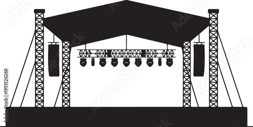 Black stage with truss towers and lighting concert stage