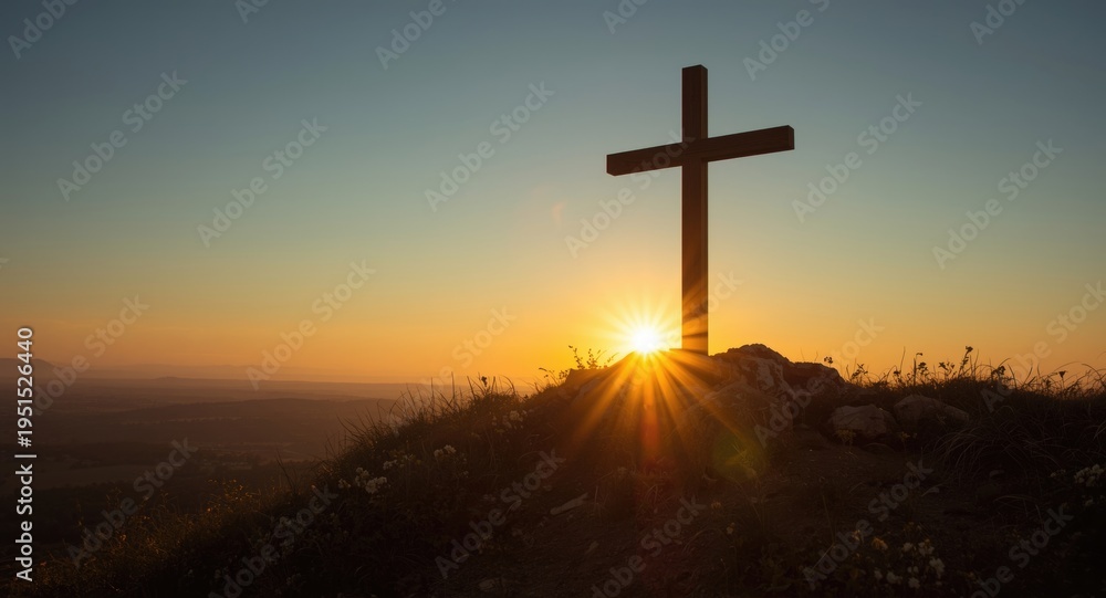Fototapeta premium Jesus resurrection moment captured with cross on hill at sunrise