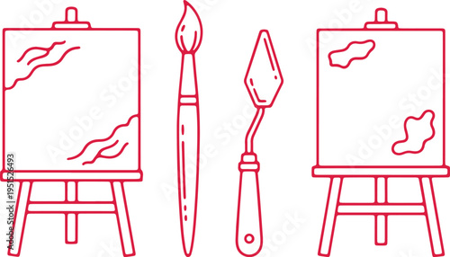 Illustration of classic painting tools and easels with abstract brushstrokes
