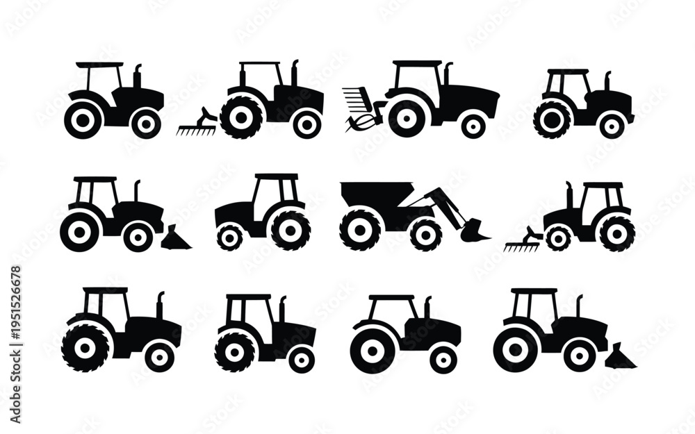 Fototapeta premium Tractors in various farming and construction settings with different attachments and actions