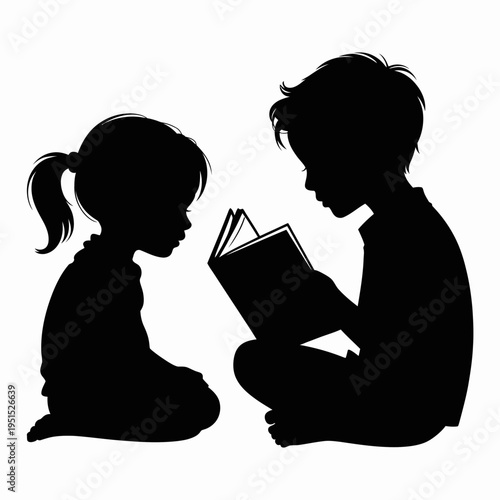 A silhouette of two children sitting and engaging in a shared book.