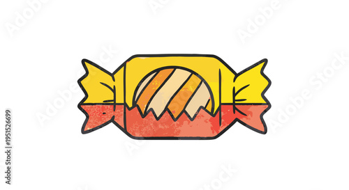 A single rectangular candy, wrapped in crinkled yellow and red paper with a striped pattern, is presented.