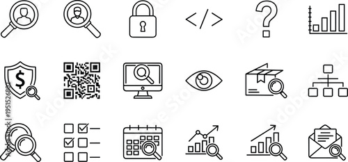 Modern business analytics and cybersecurity line icon set, including search, data analysis, coding, QR security, audit monitoring, statistics research dashboard