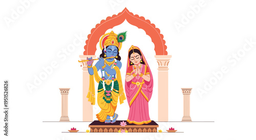Lord Krishna playing a flute and Radha with hands in Anjali Mudra are depicted under an ornate archway with pillars and lotus flowers.