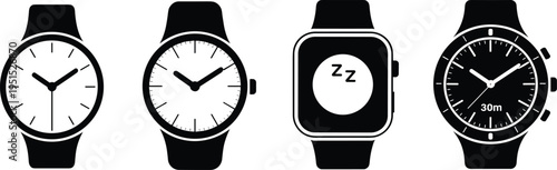 Smartwatch and classic wrist watch silhouette icon set, wearable technology and analog clock symbols, modern timepiece collection vector illustration