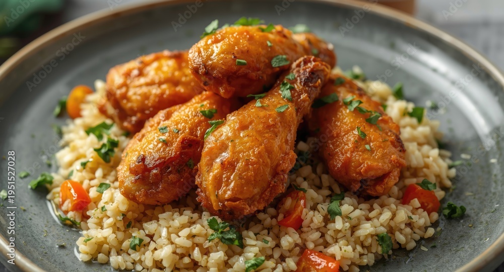 Fototapeta premium Golden crispy chicken wings with herb garnish on a bed of vegetable couscous