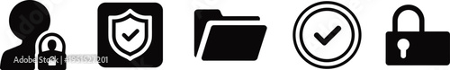 Security protection icons set, user privacy shield lock folder verification secure access control cyber safety symbol collection