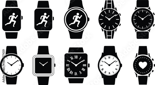 Smartwatch and analog wristwatch icons collection, fitness running tracker, heart monitor display, modern wearable technology vector glyph symbols