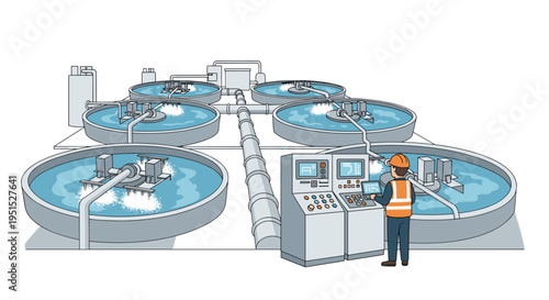 A male worker operates a control panel at a water treatment plant with multiple circular tanks.