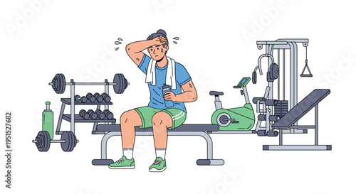 A sweaty woman sits on a weight bench in a gym, wiping her forehead and holding a water bottle.