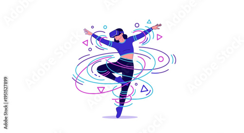 Woman dancing in virtual reality headset, experiencing immersive digital world with abstract colorful shapes and lines
