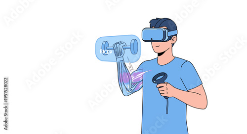 Man wearing VR headset interacting with an augmented reality display of human arm anatomy, showcasing innovative medical education and future technology concepts.