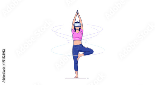 Woman practicing virtual reality yoga in a peaceful digital environment, combining modern technology with ancient wellness for mindful exercise.