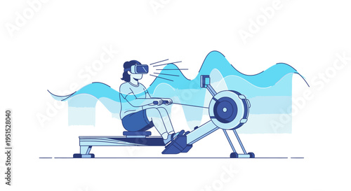 Woman exercising on a rowing machine with a virtual reality headset, experiencing immersive digital fitness and modern workout technology.
