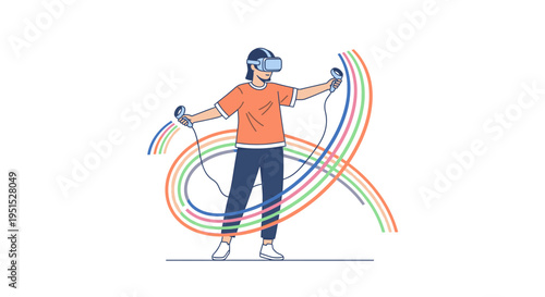 Person wearing VR headset and holding controllers, interacting with colorful digital lines in virtual reality