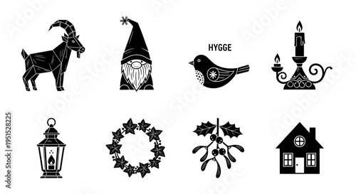 Collection of Hygge and Scandinavian Winter Holiday Folk Art Graphic Elements