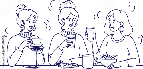 Vector art of three women enjoying coffee and snacks together